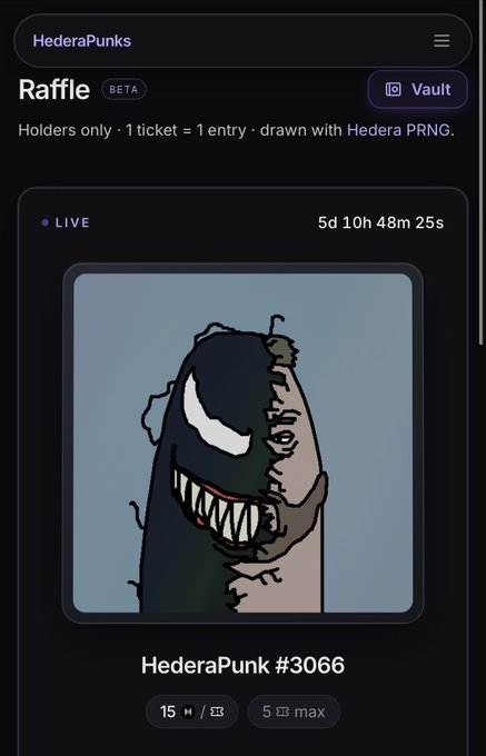 A HederaPunks Raffle (Beta) webpage on mobile showing a live raffle with 5d 10h 48m 25s remaining, featuring HederaPunk #3066, a dark Venom-style character, with ticket options for 15 and 5 max.