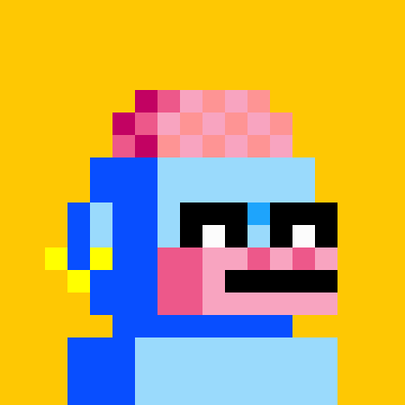 A pixel art illustration of a character with blue clothing, pinkish-red hair, and a mustache on a yellow background.