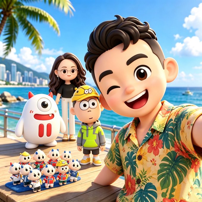 A cheerful animated character in a Hawaiian shirt takes a selfie with friends and a row of small costumed mascots on a sunny pier by the ocean. The scene captures the playful "all geared up and assembling" theme, with cuties resembling World Cup fan characters ready for the big event, tying into the post's message about the HTX family heading to the World Cup together.