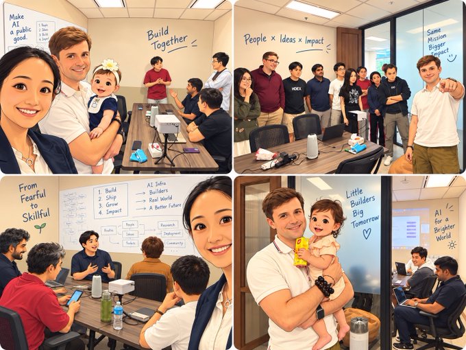 A four-panel illustration depicting a diverse group of people in a modern office space, with motivational text such as 'Build Together,' 'People x Ideas x Impact,' 'From Fearful to Skillful,' and 'AI for a Brighter World' written on the walls.