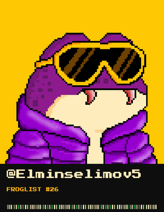 A pixel art illustration of a purple frog wearing ski goggles against a yellow background, with the text "@Elminselimov5" and "FROGLIST #26" at the bottom. The image appears to be a featured frog profile accompanying a giveaway post for 15 gtd spots on the @zecfrogs collection, with the creator's username and froglist number displayed for promotional purposes.
