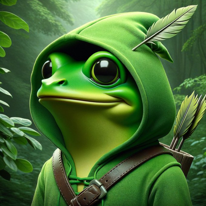 A digital illustration of a green frog character wearing a green hooded cloak with a feather and carrying arrows on its back, set in a lush forest.