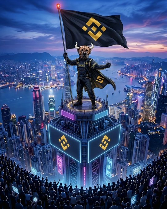 A dramatic digital artwork showing a bull-headed figure holding a Binance logo flag while standing atop a tower covered in Binance logos, overlooking a city skyline at sunset with crowds below.