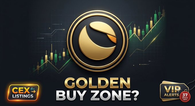A crypto promotional banner with a golden coin logo and rising green candlestick chart, reading 'GOLDEN BUY ZONE?' with 'CEX LISTINGS' and 'VIP ALERTS 37 SPOTS LEFT' badges.