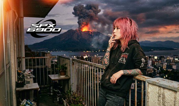 A pink-haired woman smokes on a balcony overlooking a city as an erupting volcano looms in the background, with an "SPX 6900" logo overlaid—evoking dramatic, "diamond-handed" resilience that matches the Day 372 DCA message of unwavering commitment to $SPX6900.