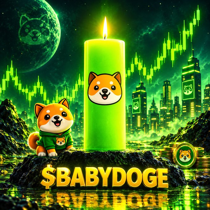 A digital illustration featuring a Shiba Inu dog wearing a green hoodie next to a large green candle with the same dog's face, set against a futuristic cityscape with green stock charts, a moon, and the text '$BABYDOGE'.
