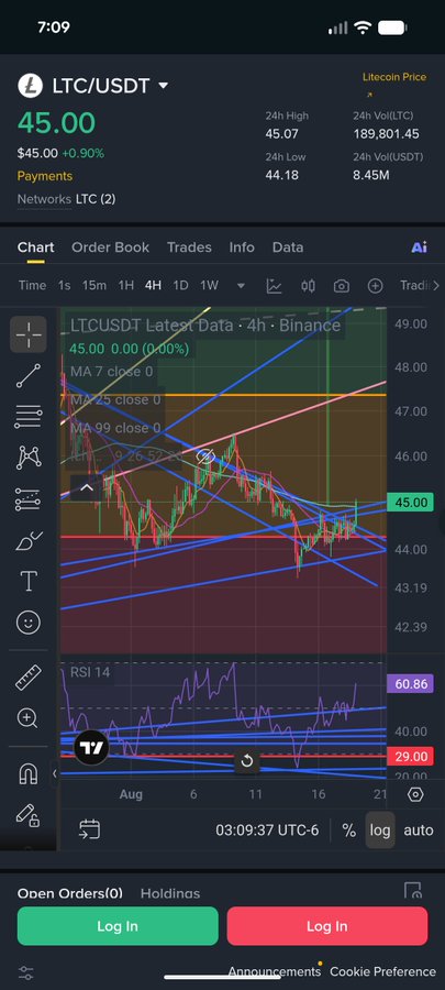 A cryptocurrency trading app screenshot displaying the LTC/USDT trading pair at $45.00, showing a candlestick chart with moving averages (MA 7, MA 25, MA 99) and an RSI 14 indicator on a 4-hour timeframe from Binance.