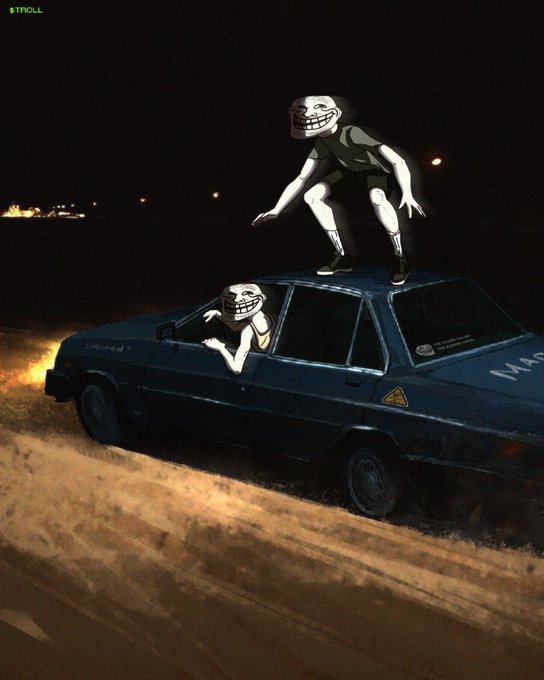 A troll face meme image showing two troll characters, one on top of a blue car and another leaning out the driver's window, with text 'BTROLL' and 'МАЯ' visible on the car.