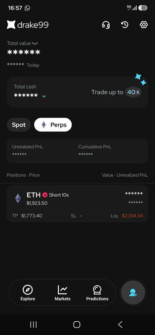 A screenshot of a mobile crypto trading app showing a user profile 'drake99' with redacted values. It displays a 'Perps' position on ETH with a 10x short, noting a liquidation price of $1,773.40 and an unrealized PnL of $2,0M34.