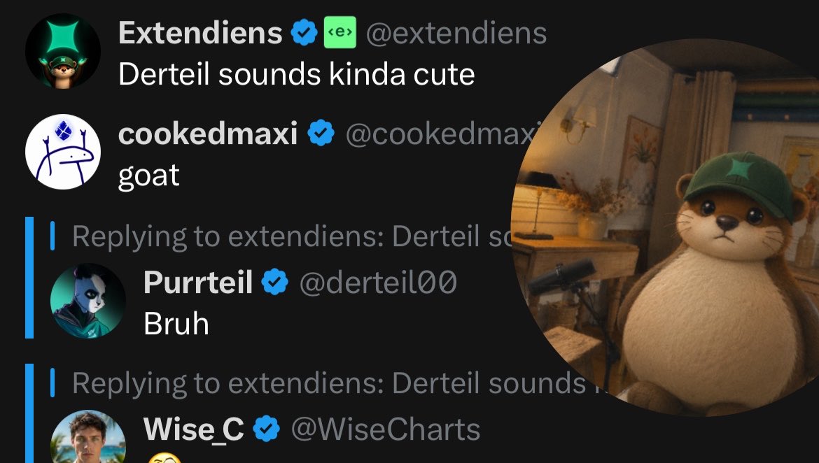 A Twitter/X screenshot showing replies from Extendiens, cookedmaxi, Purrteil, and Wise_C to a post about 'Derteil sounding cute'.