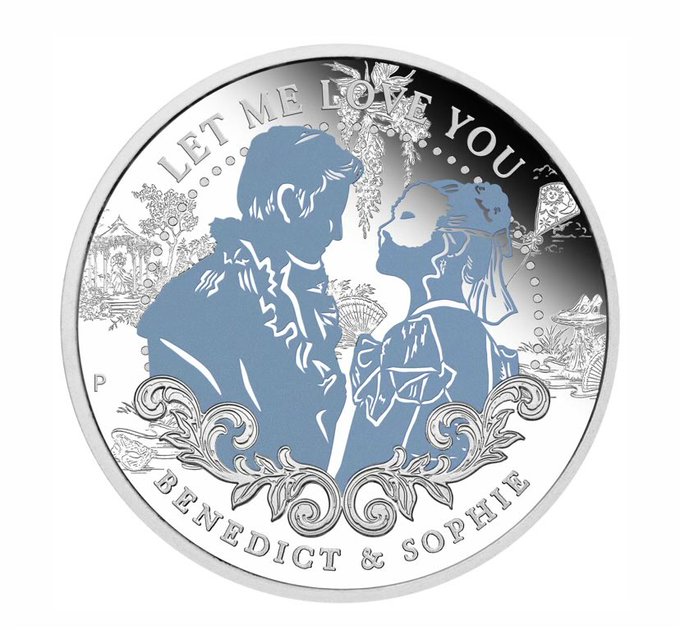 A silver commemorative coin featuring a romantic silhouette scene with the text 'LET ME LOVE YOU' and 'BENEDICT & SOPHIE'.