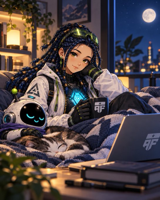 An anime-style illustration depicts a girl with long blue braided hair wearing a white hoodie and green goggles, sitting on a couch with a small white robot and a sleeping cat, with a full moon and city skyline visible through the window behind her.