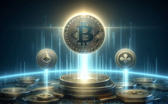 A digital illustration featuring three glowing cryptocurrencies—Bitcoin in the center, Ethereum on the left, and XRP on the right—floating above stacks of gold coins against a dark blue background with light beams.