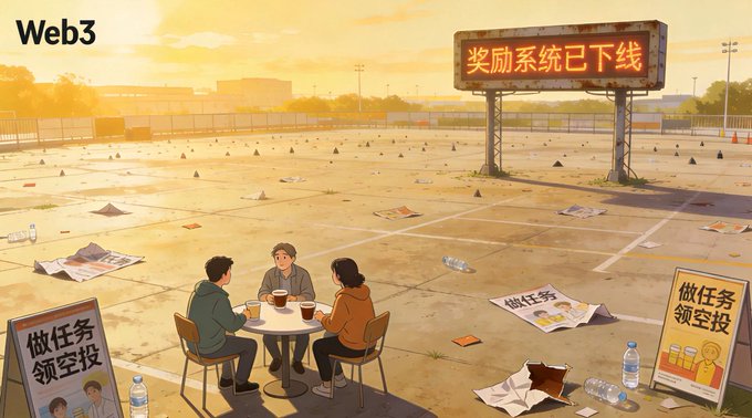 An anime-style illustration labeled "Web3" depicting three people sitting at a table in a desolate concrete lot scattered with discarded flyers reading "做任务领空投" (do tasks to get airdrops) and a billboard saying "奖励系统已下线" (reward system offline).