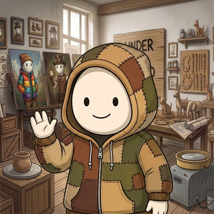 A cheerful cartoon character wearing a patchwork hoodie waves from a cozy workshop filled with paintings, wooden sculptures, and art supplies, with the word "UNDER" visible on a wooden sign behind him. The image reflects the "Under The Hood" collection's theme of a creator named Pip inviting viewers into his artistic workspace, aligning with the giveaway's artist-first concept.