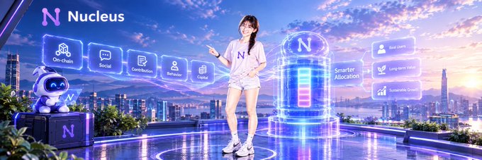 A promotional banner for 'Nucleus' features a woman in a white Nucleus t-shirt pointing at feature icons (On-chain, Social, Contribution, Behavior, Capital) and a futuristic city skyline background.