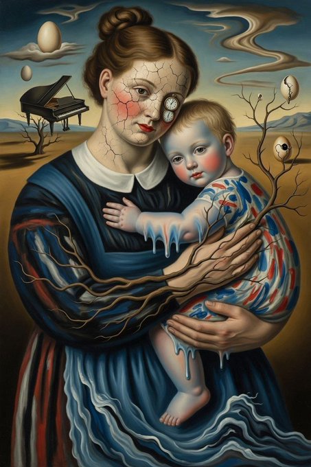 A surrealist painting in the style of Salvador Dalí depicting a cracked-faced woman holding a melting, blue-tinted child, with a grand piano and barren landscape in the background.