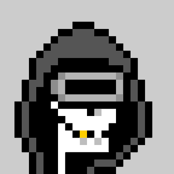 A pixel art depiction of a person wearing a dark hooded garment and a grey VR headset, holding a yellow-tipped object.