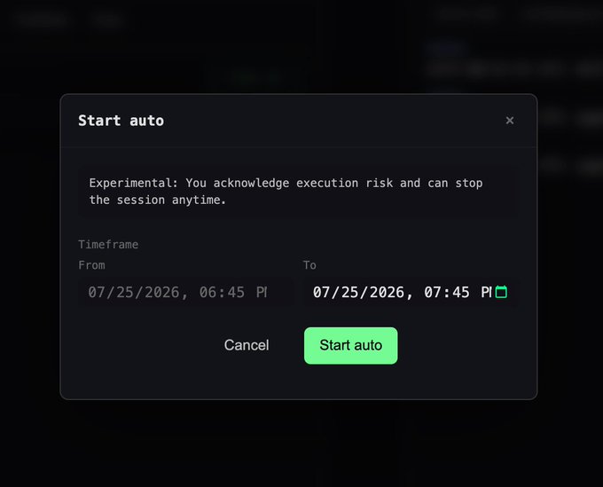 A 'Start auto' dialog box with a timeframe set from 07/25/2026 06:45 PM to 07:45 PM, warning of experimental execution risk.