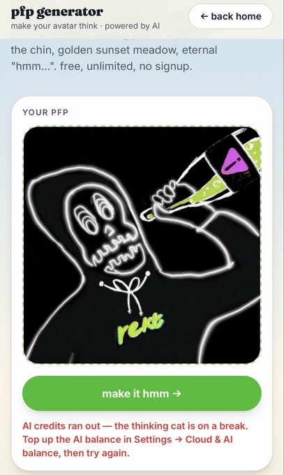 A mobile screenshot of a 'pfp generator' app displays an AI-generated neon-style line drawing of a skeleton-like figure drinking from a bottle, with the text 'AI credits ran out — the thinking cat is on a break.'