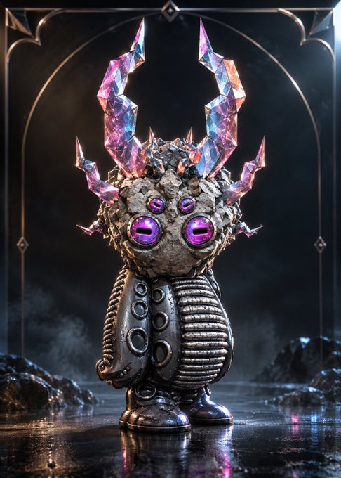 A 3D rendered character figure with a textured metallic body, purple glowing eyes, and large colorful crystalline horns, standing against a dark gothic arch background.