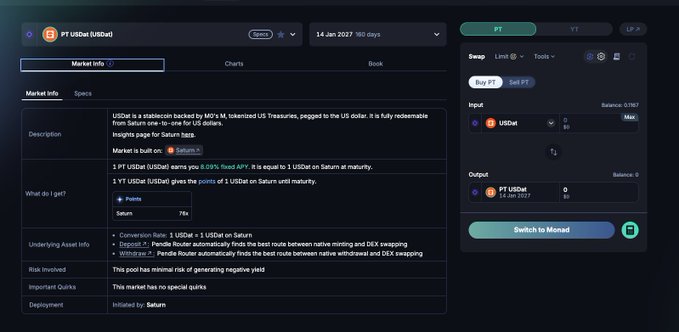 The image shows the Pendle Finance interface for the PT USDeat (sUSDe) pool with maturity on 14 Jan 2027, displaying details such as a 5.99% fixed APR, 76k points, and conversion info between USDe and sUSDe on Saturn. The post references comparing old and new sUSDat pools on Pendle, noting that sUSDeat's exchange rate is uniquely affected by $STRC price, which aligns with the market info shown about this specific asset being backed by M0's tokenized US Treasuries.