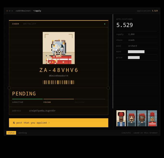 A screenshot of a Zcash application interface showing a pixel art character ('ZA-48VHV6' by @EmirAhmadov14) with a status of 'PENDING', displaying 5,529 applications.