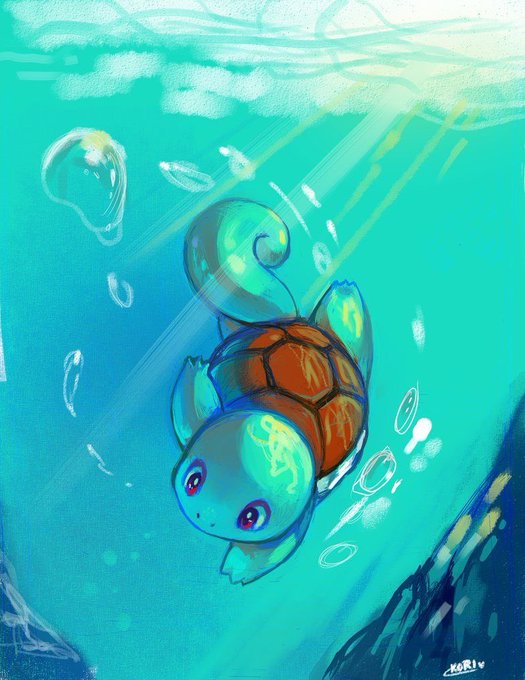 A colorful illustration shows a Squirtle-like creature underwater with a swirled tail and red shell, surrounded by bubbles and sun rays with the artist signature 'MORi' in the corner.