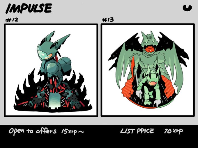 The image showcases two digital character designs labeled "IMPULSE #12" and "#13" — featuring a green armored figure with a smaller companion and a larger dragon-like creature — listed as part of a 1/1 hand-drawn collection with starting offers from 15 XRP and a list price of 70 XRP, matching the post's details about the open offer phase ending at the scheduled listing time.