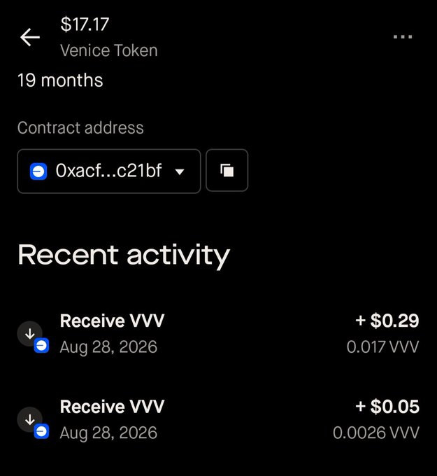 A cryptocurrency wallet screenshot showing a Venice Token (VVV) valued at $17.17 with recent activity of receiving small VVV amounts on Aug 28, 2026.