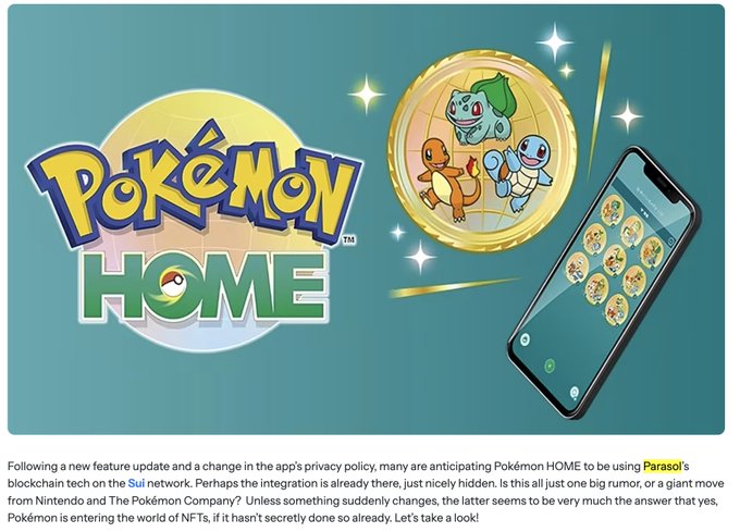 The image is a promotional graphic for the Pokémon HOME mobile app, featuring the Pokémon HOME logo alongside a golden coin displaying Bulbasaur, Charmander, and Squirtle, and a smartphone showing the app interface.

The image relates to the post by illustrating Pokémon HOME—the app recently highlighted for integrating with Parasol's blockchain tech on the Sui network—serving as a real-world example of mainstream adoption that supports the bullish case for Sui's capabilities like free stablecoin payments and high transaction throughput.