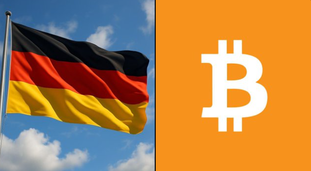 The image features the German flag on the left and the Bitcoin (₿) symbol on an orange background on the right, visually representing the connection between the German government's sale of 50,000 BTC (averaging $57.9k) and Bitcoin's current price near $59.2k.