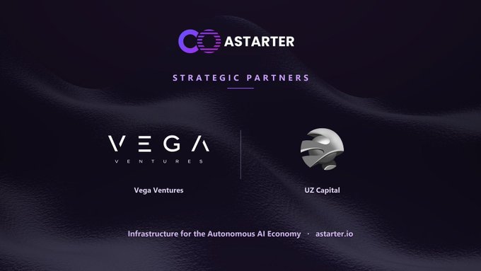The image is a sleek dark-themed graphic showcasing Astarter's "Strategic Partners," featuring the logos of Vega Ventures and UZ Capital with their respective names. The tagline at the bottom reads "Infrastructure for the Autonomous AI Economy - astarter.io," reinforcing the post's announcement about partnerships supporting Astarter's BNB Chain-based AI infrastructure initiatives.