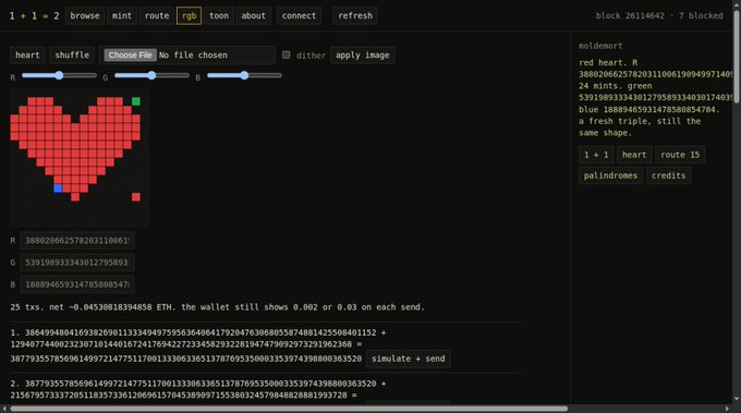 A pixel art editor interface displays a heart-shaped design on a grid with RGB color sliders and cryptographic transaction data, including references to 'block 26114642', 'heart route 15', and numerical hashes for 'simulate + send'.