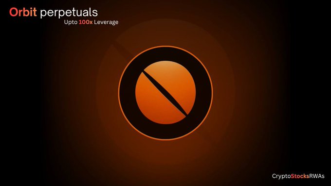 A dark promotional graphic for Orbit Perpetuals features an orange sphere logo encircled by a ring against a black background, with text highlighting "Orbit perpetuals" and "Upto 100x Leverage," while the bottom right notes "CryptoStocksRWAs" — visually reinforcing the post's message of cost-free perpetual trading on Orbit DEX.