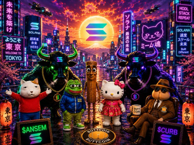 A vibrant cyberpunk Tokyo scene at sunset features glowing Solana logos, futuristic neon signs reading "SOLANA," "WELCOME TO TOKYO," "HODL STACK REPEAT," "BUTT COIN," and "$ANSEM," along with characters including Hello Kitty, Pepe the Frog, bullish horned beasts, and a detective cat wearing sunglasses, all standing on a "BUTTCOIN" emblem. The image directly ties to the bullish Solana-themed post by visually celebrating $SOL with the project's signature rainbow logo, the well-known influencer ticker $ANSEM, and the $CURB coin prominently displayed.