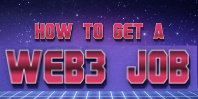 A retro-style graphic with a starry purple background and grid floor displaying the text 'HOW TO GET A WEB3 JOB' in bold red letters.