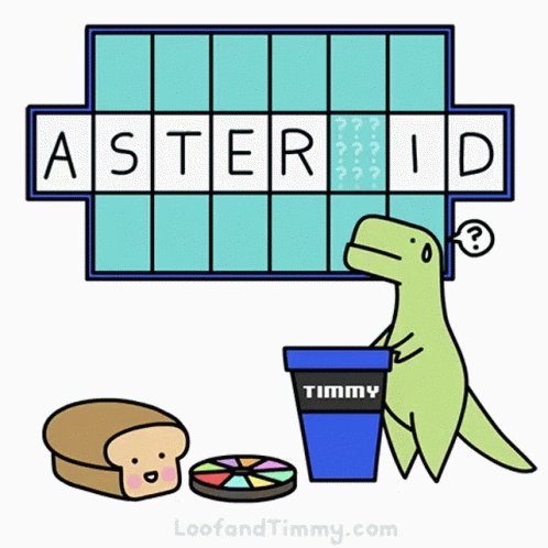 The image features a cartoon dinosaur standing next to a blue cup with "Timmy" written on it, as well as a loaf of bread nearby. The text in the image suggests that Asteroid was never meant for Earth and is instead intended for Mars.