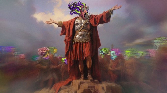The image depicts a digitally edited painting of a figure in red robes and armor standing on a rocky outcrop with arms outstretched, where his face has been replaced with a purple medusa-like head and the surrounding landscape features surreal, colorfully distorted elements like a brain and skull. This vibrant, otherworldly artwork relates to the post by serving as an eye-catching promotional image announcing a free NFT mint giveaway (2222 items) from @sickmindguy and @xmartsol, where users can enter by following both accounts, liking and retweeting, and dropping their wallet address.