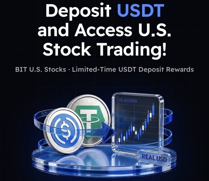 The image is a promotional graphic for BIT U.S. Stocks featuring the headline "Deposit USDT and Access U.S. Stock Trading!" with a subheading noting "Limited-Time USDT Deposit Rewards." It displays 3D renders of USDT and USDC coins, a candlestick stock chart labeled "US STOCKS," and a "REAL USD" label, visually reinforcing the post's message about seamlessly converting stablecoins into U.S. stock trades without currency conversion friction.