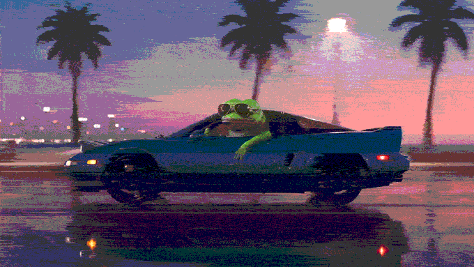 A pixelated, vaporwave-style illustration of a green anthropomorphic frog wearing sunglasses, leaning out of the window of a dark convertible car against a sunset backdrop with palm trees and city lights.
