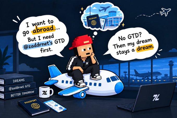 A pixel-art promotional illustration for @zaddrnet featuring a character sitting on a model airplane at an airport with speech bubbles reading 'I want to go abroad... But I need @zaddrnet's GTD first.' and 'No GTD? Then my dream stays a dream.'
