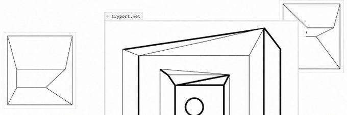 A wireframe sketch of a cube with a square and circle symbol on tryport.net appears, likely representing an early conceptual design or logo prototype for the PORT protocol. The geometric, blocky design loosely evokes themes of structure and foundation, fitting the post's discussion of revenue allocation and token buyback mechanics.