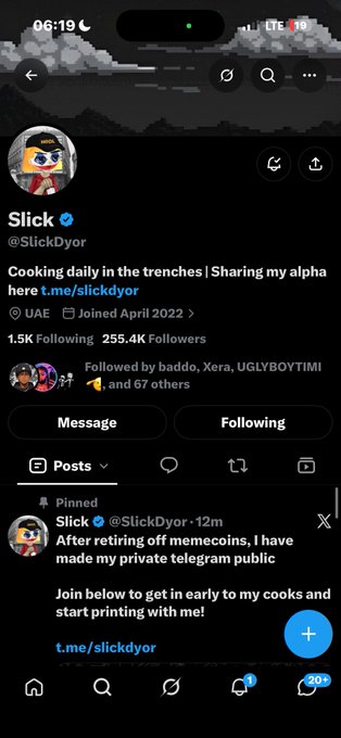 A screenshot of X/Twitter profile for 'Slick' (@SlickDy0r) with a pinned post about sharing alpha on a private telegram channel after retiring from memecoins.