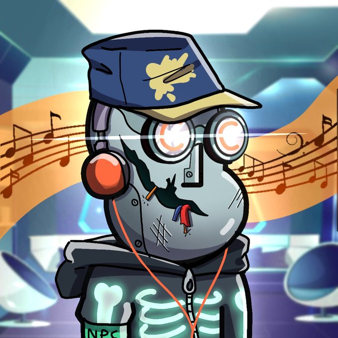 The image features a cartoon character wearing headphones, with a blue hat that has a yellow leaf design. The character also has a face paint job, giving them a unique appearance. The background includes musical notes floating around the character's head, suggesting they are in a music-themed setting or event. The post is titled "@npconchain Titled Sound protocol I could never skip an NPC contest!" and provides proof of work for the submission.