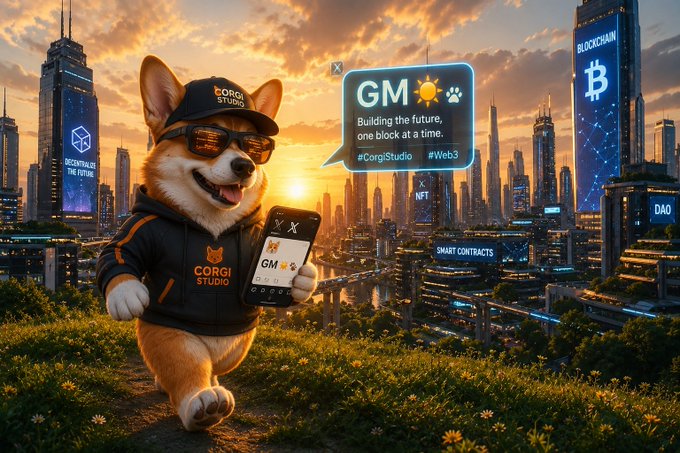 A Corgi Studio mascot (Corgi dog wearing sunglasses and a cap) holding a phone with "GM" displayed, set against a futuristic cityscape at sunset with text "Building the future, one block at a time" and tags #CorgiStudio, #Web3, NFT, SMART CONTRACTS, DAO, and BLOCKCHAIN.