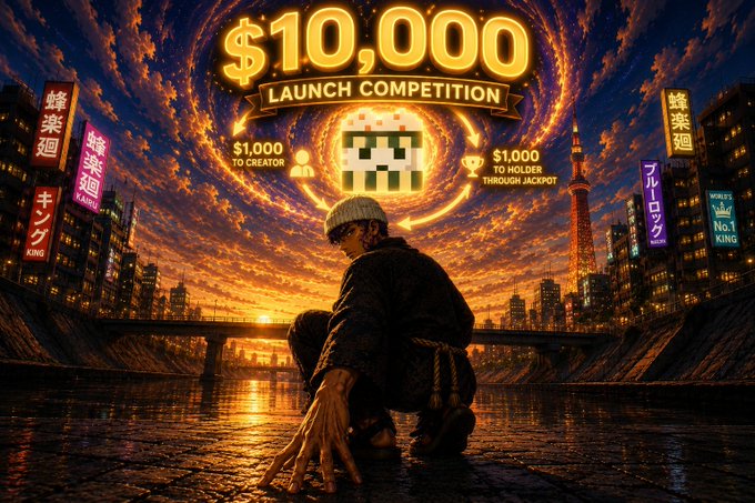 A figure in a beanie crouches against a dramatic sunset cityscape featuring neon signage and a glowing "$10,000 LAUNCH COMPETITION" banner, advertising a $1,000 creator reward and $1,000 jackpot for holders—visually capturing the high-stakes energy of Popi's memecoin launchpad debut on Solana and Robinhood Chain.