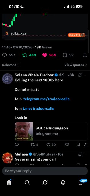 A screenshot of a social media post on X/Twitter about 'solbix.xyz' (likely a Solana token), followed by comments including one from 'Solana Whale Tradoor' (@S...) saying 'Calling the next 1000x here' and another from 'Mufasa' (@SolMufasa) saying 'Never missing your call'.