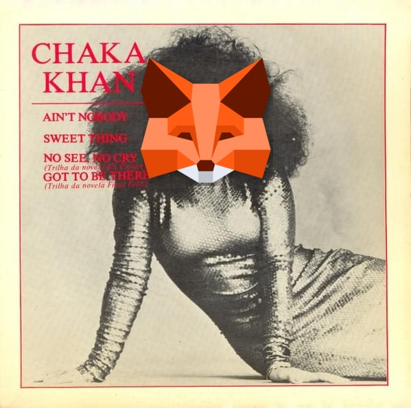 An album cover for Chaka Khan featuring a vintage photograph of a woman with an orange geometric fox face superimposed over her features, listing tracks including 'AIN'T NOBODY' and 'SWEET THING.'