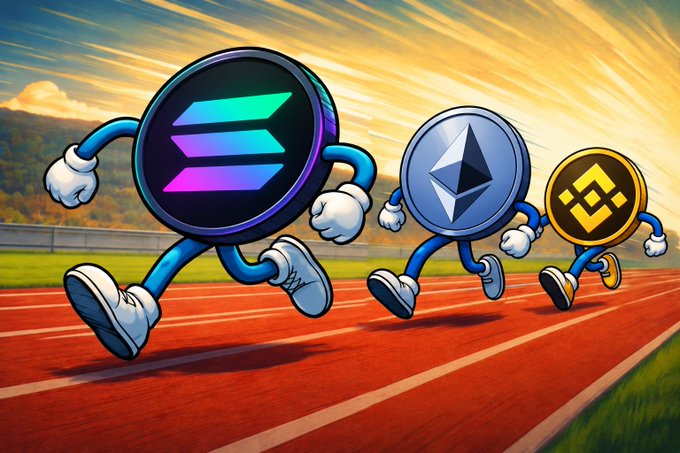 A colorful cartoon of Solana, Ethereum, and Binance Coin mascots running on a red track in front of bright yellow sunbeams.